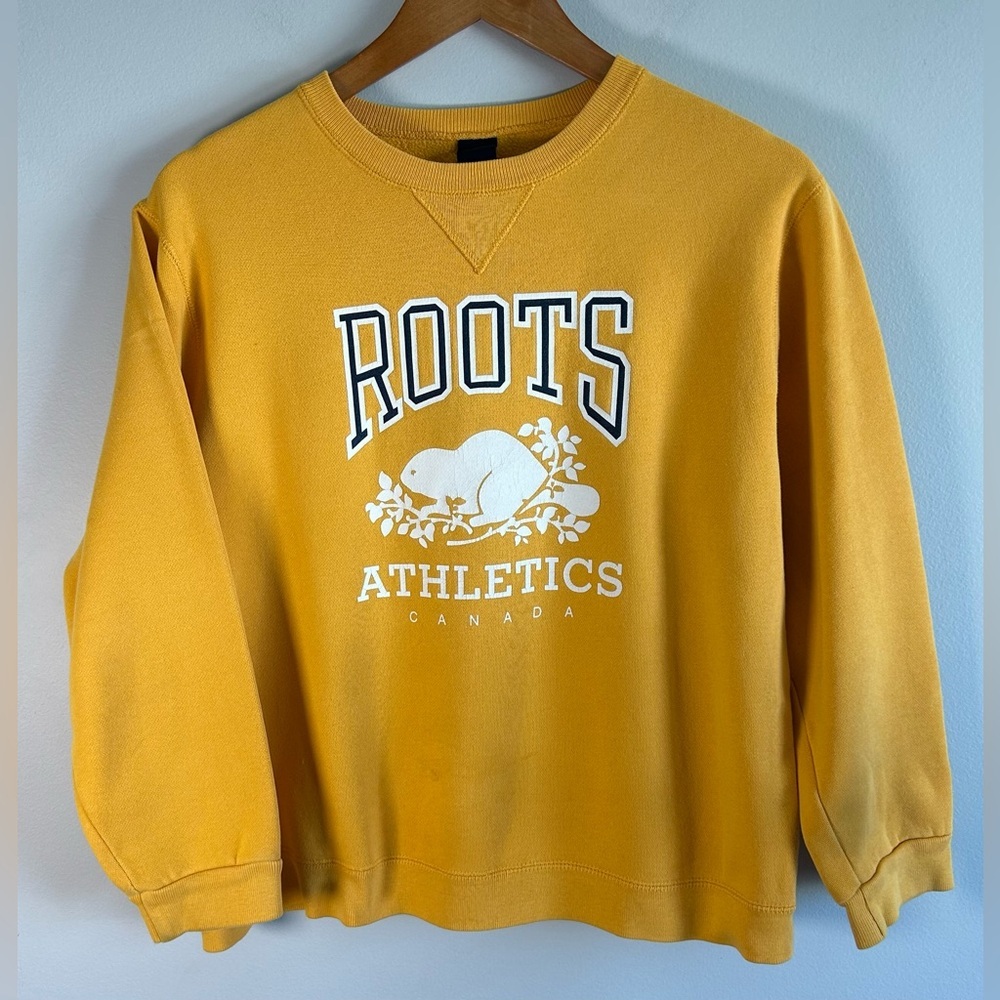 Roots Canada Athletics Women’s Yellow Crew Neck Sweater XS/S Beaver Logo Vintage